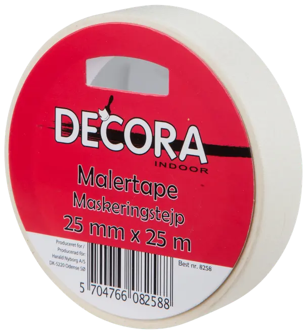 Rulle Decora indendørs malertape, 25 mm bred og 25 meter lang, velegnet til malerarbejde og afdækning. Hvid tape med rød og hvid emballage.