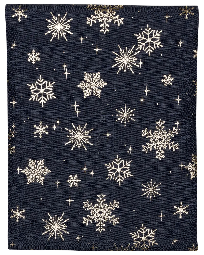 Mörkblått tyg med vita broderade snöflingor och små stjärnor, perfekt för julpyssel, dekorationer eller säsongsbetonade kläder.