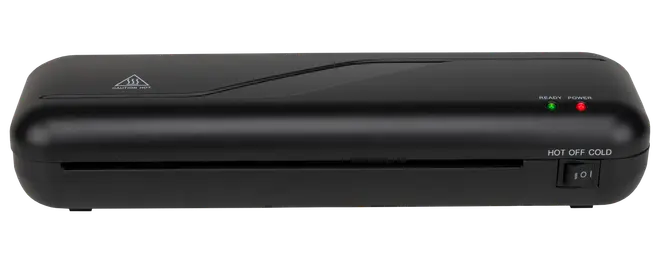 Svart lamineringsmaskin med frontmatning, indikatorlampor för ström och klar, samt reglage för varm, av och kall. Kompakt design för hem eller kontor.