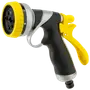Handhållet munstycke för trädgårdsslang med ergonomiskt svart handtag, gul avtryckare och justerbart gult spruthuvud med flera spraylägen för vattning och rengöring.