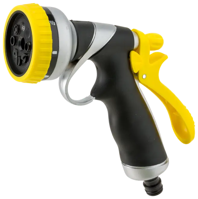 Handhållet munstycke för trädgårdsslang med ergonomiskt svart handtag, gul avtryckare och justerbart gult spruthuvud med flera spraylägen för vattning och rengöring.