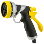 Håndholdt haveslange-sprøjtedyse med ergonomisk sort greb, gul aftrækker og justerbart gult sprøjtehoved med flere spraymønstre til alsidig vanding og rengøring.