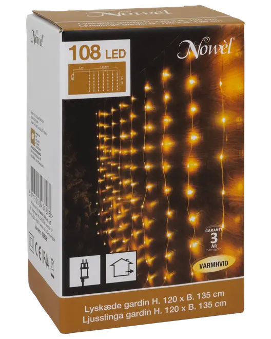 Ljusslinga gardin med 108 varmvita LED-lampor, för inomhusbruk. Mått: 120 x 135 cm. Inkluderar kontakt. Tre års garanti. Perfekt för dekoration.