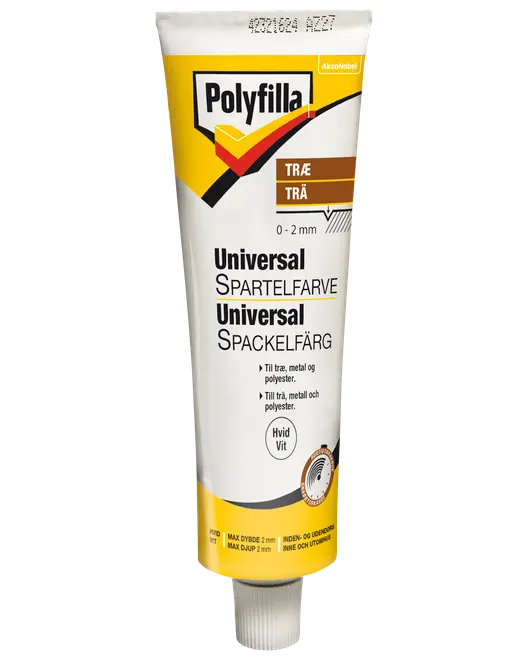 Polyfilla Universal Spartelfarve, 0-2mm, til træ, metal og polyester. Hvid farve, egnet til indendørs og udendørs brug. Leveres i en tube.