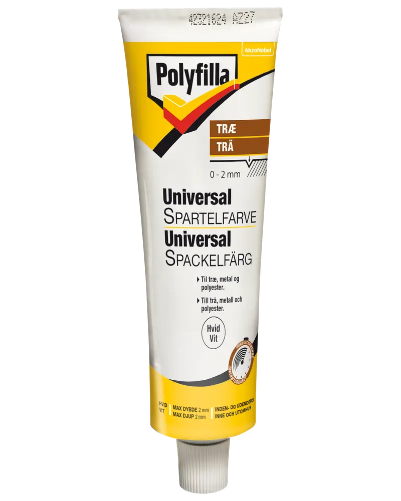 Polyfilla Universal Spartelfarve, 0-2mm, til træ, metal og polyester. Hvid farve, egnet til indendørs og udendørs brug. Leveres i en tube.