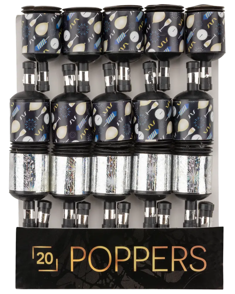 Förpackning med 20 party poppers i svart, silver och guld med ballonger, klockor och serpentiner. Varje popper har ett snöre för enkel användning.