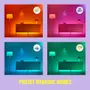 Billedet viser fire forudindstillede dynamiske belysningsindstillinger til stue, hver med forskellige farvede lys: orange, pink, blå og grøn. Teksten lyder 'Preset Dynamic Modes.'