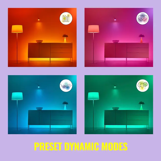 Billedet viser fire forudindstillede dynamiske belysningsindstillinger til stue, hver med forskellige farvede lys: orange, pink, blå og grøn. Teksten lyder 'Preset Dynamic Modes.'