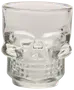 Shotglas av klart glas format som en dödskalle, med detaljerade ansiktsdrag och tänder. Unik design, perfekt för temafester eller som baraccessoar.