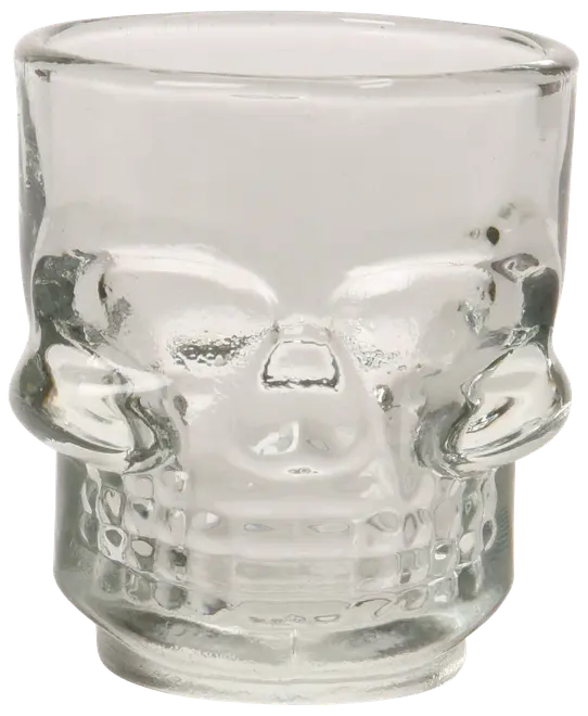 Shotglas av klart glas format som en dödskalle, med detaljerade ansiktsdrag och tänder. Unik design, perfekt för temafester eller som baraccessoar.