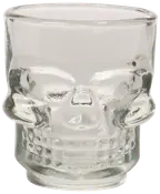 Shotglas av klart glas format som en dödskalle, med detaljerade ansiktsdrag och tänder. Unik design, perfekt för temafester eller som baraccessoar.
