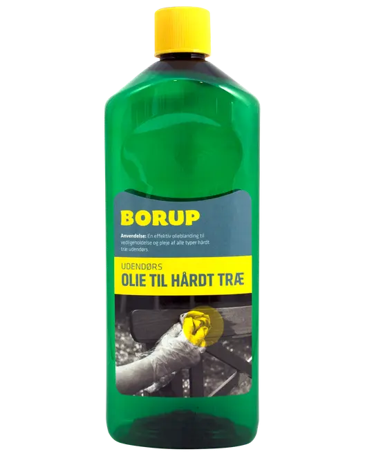 Grøn plastflaske med gul låg, mærket 'Borup Udendørs Olie til Hårdt Træ'. Anvendes til vedligeholdelse og pleje af udendørs hårdttræ. Effektiv olieblanding til beskyttelse.