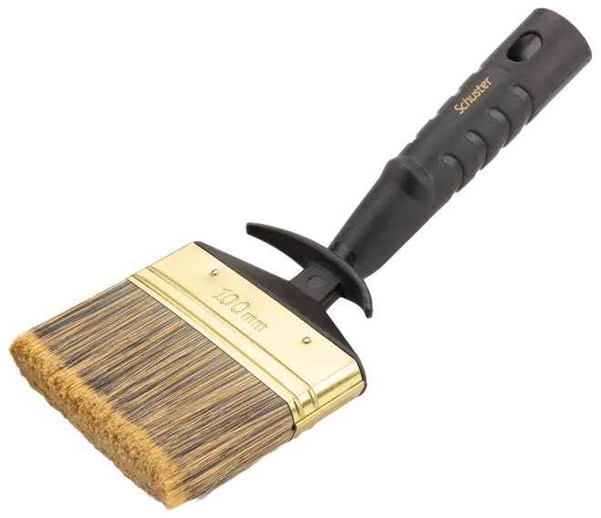 Bred pensel med 100 mm børste, naturbørster, guldfarvet metalbånd og ergonomisk sort plastikhåndtag med greb og ophængshul. Velegnet til store maleropgaver.