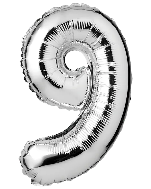 Stor, skinnende sølvfolieballon formet som tallet ni. Reflekterende overflade, velegnet til fester, fødselsdage eller fejringer. Selvforseglende og kan fyldes med luft eller helium.
