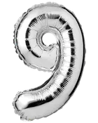 Stor, skinnende sølvfolieballon formet som tallet ni. Reflekterende overflade, velegnet til fester, fødselsdage eller fejringer. Selvforseglende og kan fyldes med luft eller helium.