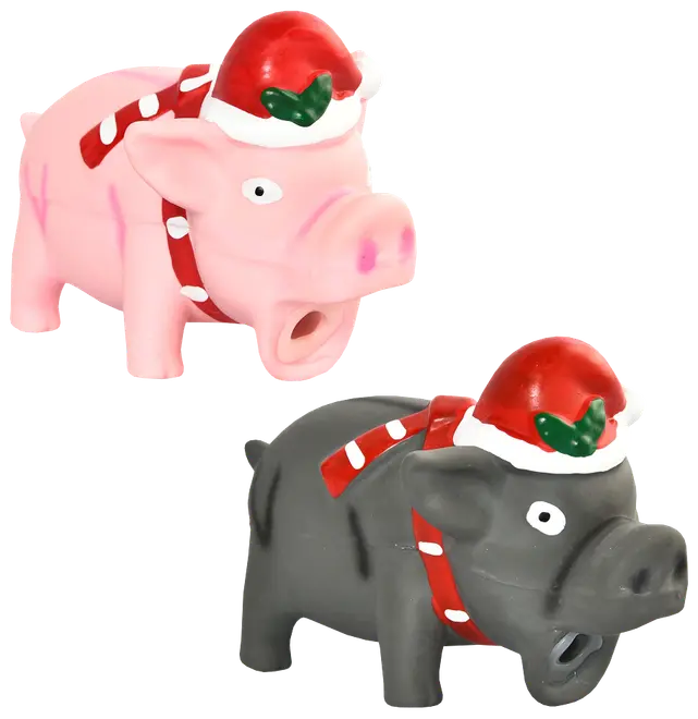 Sæt med to griseformede pivelyd-legetøj, én lyserød og én grå, begge med rød nissehue og tørklæde med hvide prikker. Lavet af gummi, perfekt til juleleg for kæledyr.