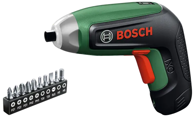 Ledningsfri Bosch elektrisk skruetrækker med ergonomisk greb, grøn og sort krop, rød udløser og et sæt med ti udskiftelige bits til forskellige skruetyper og størrelser.