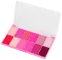 Rosa sminkpalett med tolv nyanser, både matta och skimrande, i rött, rosa, nude och mauve. Rektangulär ask med genomskinligt lock.