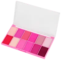 Rosa sminkpalett med tolv nyanser, både matta och skimrande, i rött, rosa, nude och mauve. Rektangulär ask med genomskinligt lock.