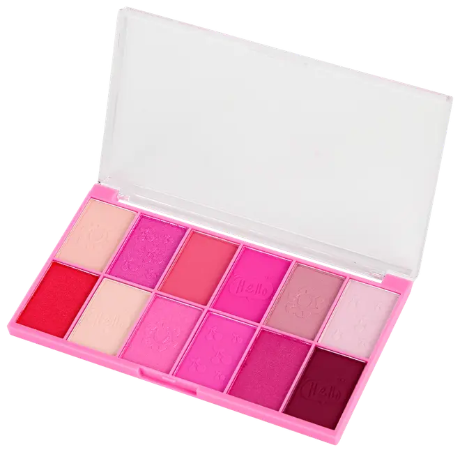 Rosa sminkpalett med tolv nyanser, både matta och skimrande, i rött, rosa, nude och mauve. Rektangulär ask med genomskinligt lock.