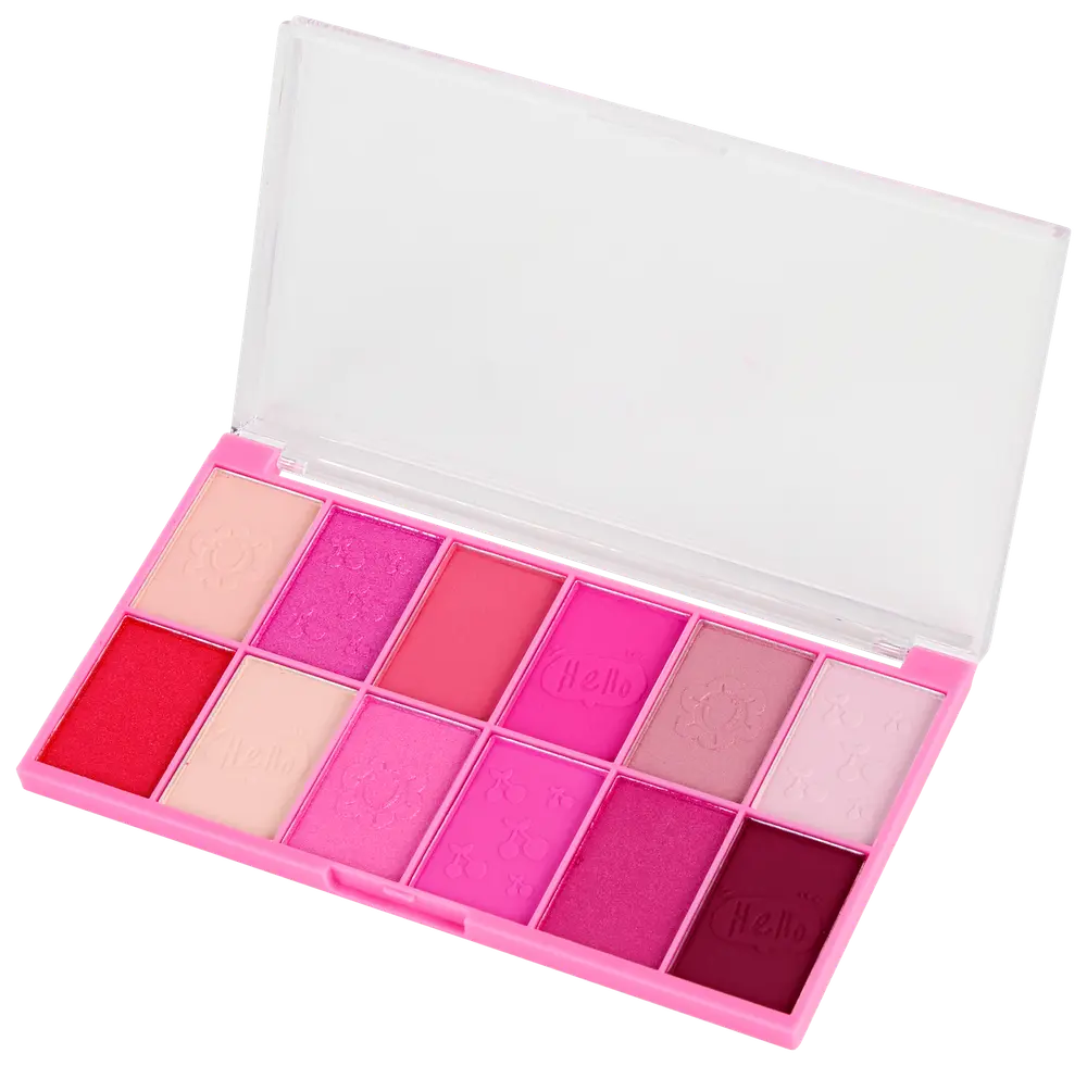 Rosa sminkpalett med tolv nyanser, både matta och skimrande, i rött, rosa, nude och mauve. Rektangulär ask med genomskinligt lock.
