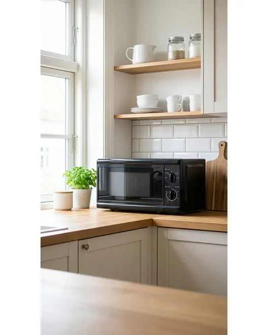 Svart bänkmikrovågsugn med två vred och glaslucka. Kompakt design, placerad på träbänk i modernt kök. Tillbehör och dekoration ingår ej.