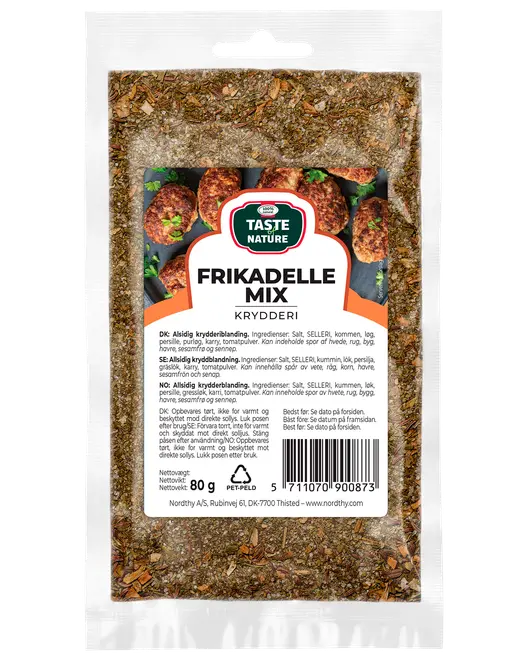 80g pose med Taste Nature Frikadelle Mix krydderiblanding, indeholder salt, selleri, kommen, løg, persille, tomatpulver. Perfekt til frikadeller. Genlukkelig plastemballage.