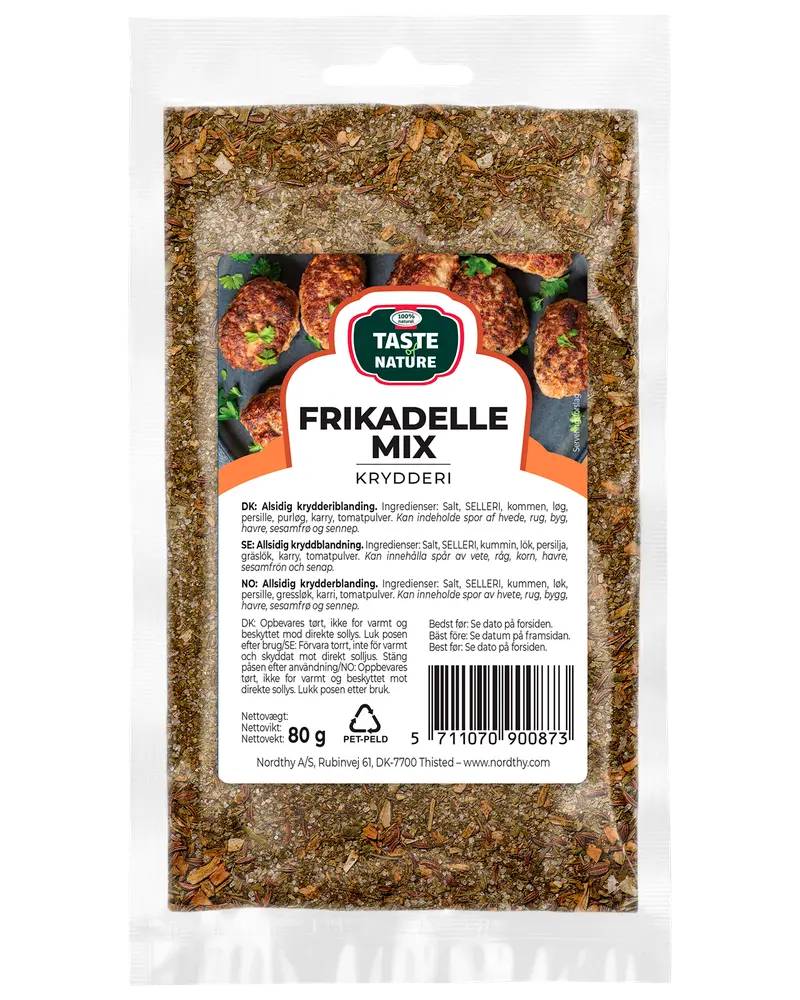 80g pose med Taste Nature Frikadelle Mix krydderiblanding, indeholder salt, selleri, kommen, løg, persille, tomatpulver. Perfekt til frikadeller. Genlukkelig plastemballage.