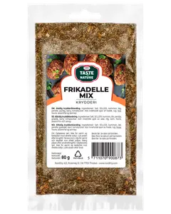80g pose med Taste Nature Frikadelle Mix krydderiblanding, indeholder salt, selleri, kommen, løg, persille, tomatpulver. Perfekt til frikadeller. Genlukkelig plastemballage.