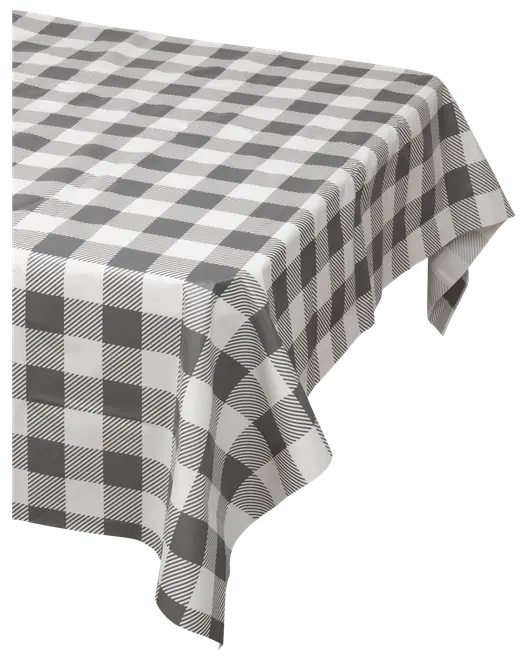 Rektangulär bordsduk i tyg med svartvitt rutmönster. Täckande design som passar till matbord eller köksbord. Klassisk och tydlig stil.