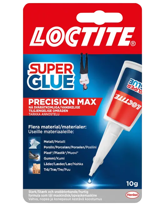 Loctite Super Glue Precision Max, 10g tube, egnet til metal, porcelæn, plast, gummi, læder og træ. Præcisionsapplikator for nøjagtig, stærk og hurtig limning.