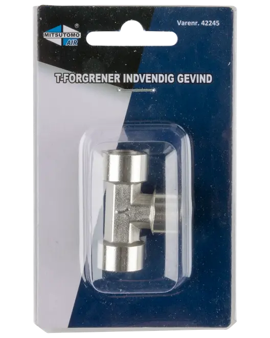 Metal T-forgrener med indvendigt gevind, egnet til luftsystemer. Leveres i klar plastemballage på mærket pap. Perfekt til fordeling af luft mellem tre rør.