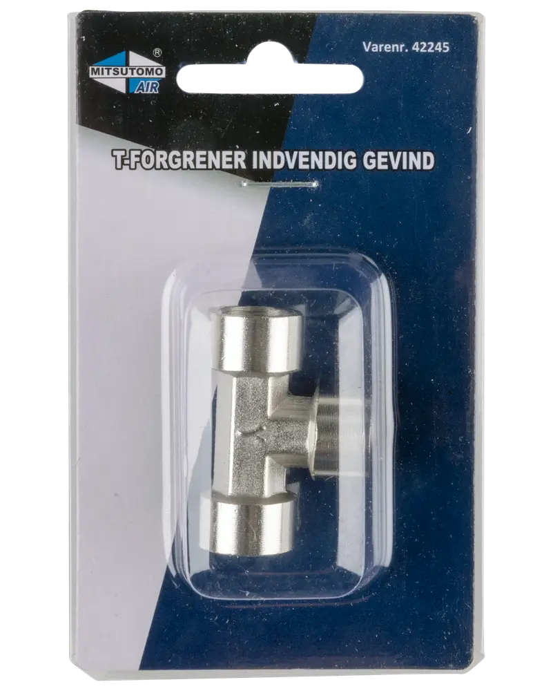 Metal T-forgrener med indvendigt gevind, egnet til luftsystemer. Leveres i klar plastemballage på mærket pap. Perfekt til fordeling af luft mellem tre rør.