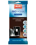 Melitta Pro Aqua filterpatron för espressomaskiner, 3-i-1, BPA-fri, tillverkad i Schweiz. Förpackningen visar kompatibilitet med olika espressomaskiner. En patron per förpackning.