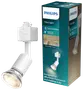 Philips hvid spot til skinnesystem, nem installation, pære medfølger ikke. Moderne cylinderdesign med justerbart hoved. Emballagen viser produktbillede og installationsinformation.