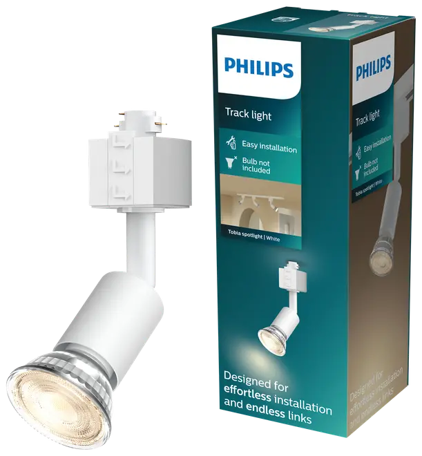 Philips hvid spot til skinnesystem, nem installation, pære medfølger ikke. Moderne cylinderdesign med justerbart hoved. Emballagen viser produktbillede og installationsinformation.