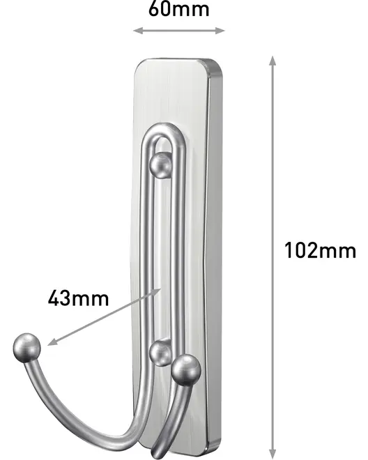 Væghængt metal knagerække med to kroge, børstet sølvfinish. Mål: 102mm høj, 60mm bred, 43mm dyb. Afrundede ender for sikkerhed og moderne rektangulær base.