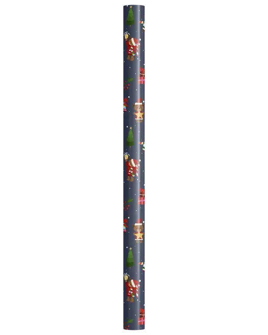 Smal rulle med mörkblått julklappspapper med tomte, paket, granar och stjärnor.
