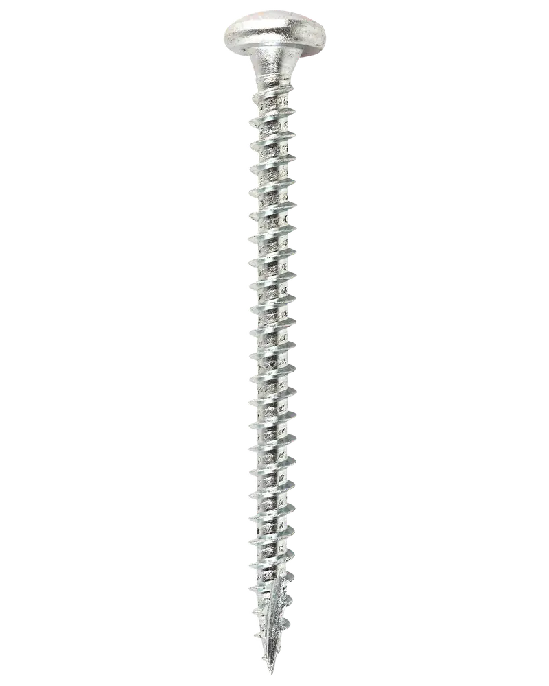 Silverfärgad metallskruv med platt, runt huvud och spetsig ände, djupa spiralformade gängor för säker fastsättning i trä eller andra material. Passar bygg- eller gör-det-själv-projekt.