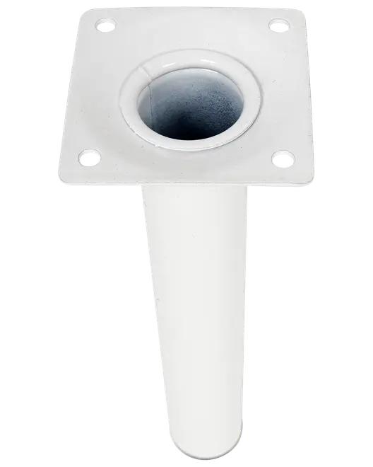 Hvid vinklet stangholder med firkantet monteringsplade og fire skruehuller, designet til fastgørelse af fisk-bøjer på båd eller flade over sopper. Holdbar og korrosionsbestand stilling.