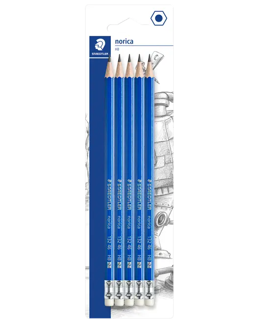 Pakke med fem Staedtler Norica HB-blyanter, blå sekskantede skaft, hvide viskelædere med sølvholdere, spidsede, velegnet til skrivning og tegning, leveres i papblisterpakning.
