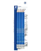 Pakke med fem Staedtler Norica HB-blyanter, blå sekskantede skaft, hvide viskelædere med sølvholdere, spidsede, velegnet til skrivning og tegning, leveres i papblisterpakning.