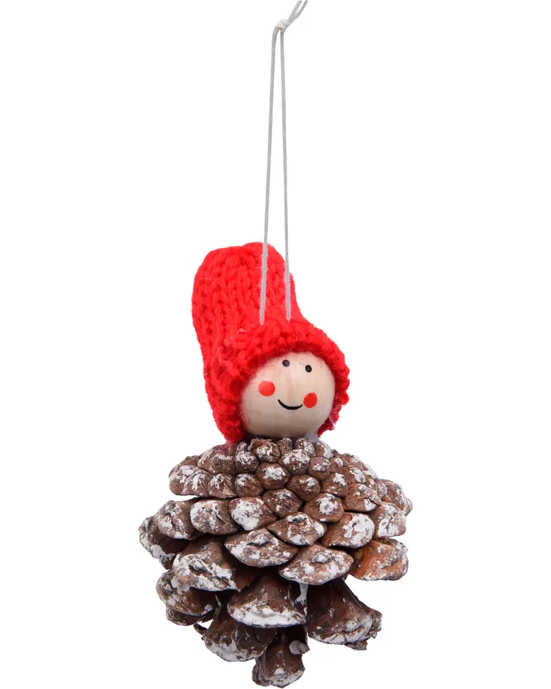 Juldekoration med kottekropp, leende träansikte, röd stickad mössa och konstsnö. Utrustad med upphängningsögla för granen eller annan dekoration.