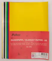 Förpackning med 36 ark A4 glansigt papper i 12 färger, inklusive gul, röd, blå, grön, svart, vit, silver och guld. Perfekt för pyssel och kreativa projekt.