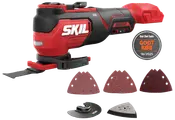 Röd och svart SKIL batteridriven multiverktyg med borstlös motor, inkluderar slipdynor, skärblad och tillbehör. Perfekt för slipning, kapning och slipning av olika material. Prissymbol visas.