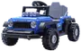 Blå elbil til børn, jeep-lignende design, sorte hjul, frontgitter, fire forlygter, rat, enkelt sæde, robust udseende, "Venture" mærke på motorhjelm og side.