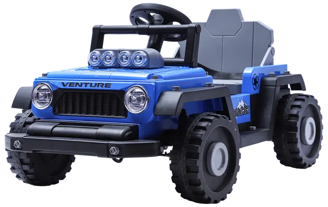Blå elbil til børn, jeep-lignende design, sorte hjul, frontgitter, fire forlygter, rat, enkelt sæde, robust udseende, "Venture" mærke på motorhjelm og side.