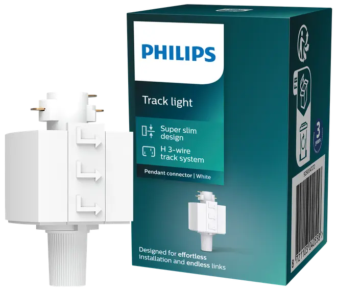 Philips hvid pendelforbindelse til skinnesystem, kompatibel med H 3-leder system. Super slankt design, nem installation og uendelige forbindelser. 3 års garanti.