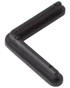 Sort L-formet hjørnebeslag i plast med to skruehuller, velegnet til samling eller forstærkning af retvinklede forbindelser i møbler, hylder eller byggeprojekter. Let og holdbar.