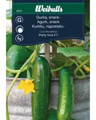 Pakke med 'Party time F1' snackagurkefrø, viser to små, grønne agurker på en plante med gule blomster, velegnet til snack og dyrkning i krukker.